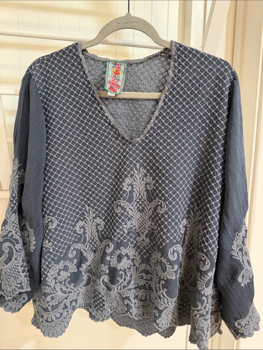 Johnny Was Slate Blue Embroidered V-Neck Tunic